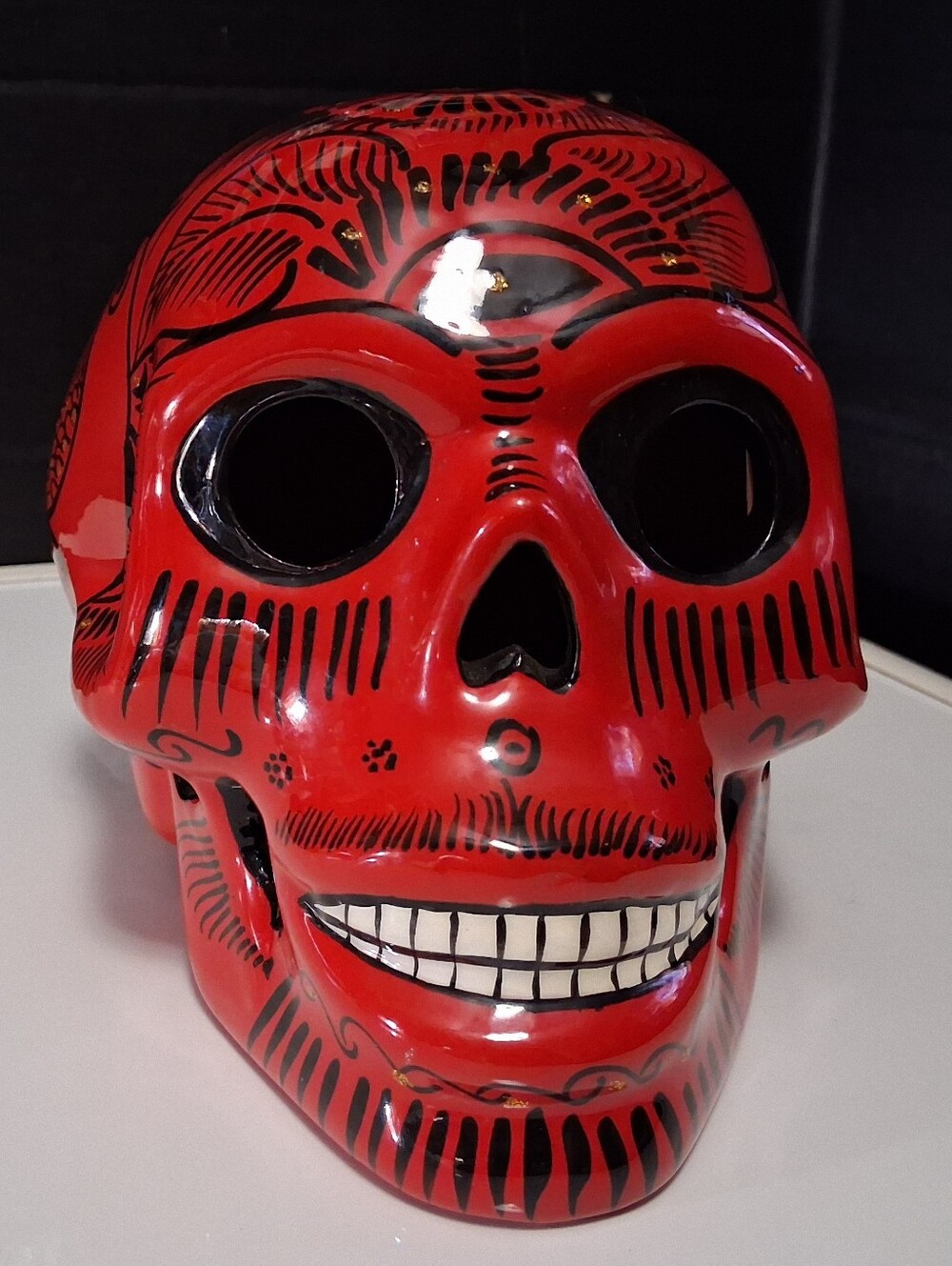 Mexican Folk Art Red Ceramic Sugar Skull ~ Hand Painted Calavera